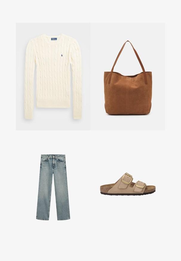 Pull en maille torsadée crème avec manches longues, poignets et ourlet côtelés, présentant un petit logo brodé sur la poitrine gauche.; Jean droit bleu clair en denim, doté d'une fermeture par bouton et zip, de cinq poches et d'ourlets bruts.; Sandale beige à deux brides avec une tige en suède doux, des boucles en métal doré, un semelle intérieure en liège et une semelle en caoutchouc texturé.; Sac fourre-tout en suede marron avec deux longues poignées, présentant une texture lisse, un design simple, et sans matériel ni accents visibles.