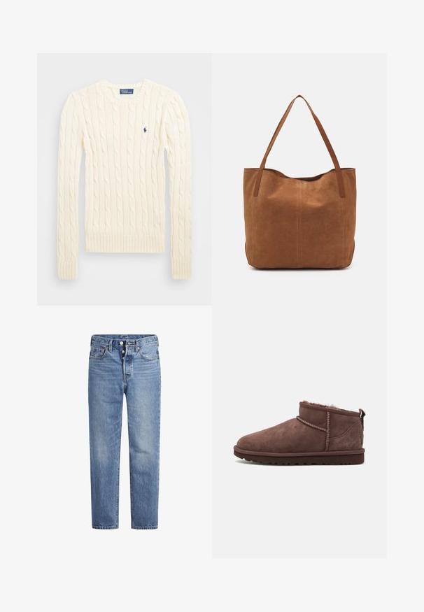 Pull en maille torsadée crème avec manches longues, poignets et ourlet côtelés, présentant un petit logo brodé sur la poitrine gauche.; Jeans en denim bleu clair avec une coupe droite, un design à cinq poches et un bouton pression. Présentent une légère décoloration et des coutures orange en accent.; Bottes de cheville en suède marron avec une doublure en polaire douce, bout arrondi et coutures contrastantes, dotées d'une boucle à l'arrière pour un enfilage plus facile.; Sac fourre-tout en suede marron avec deux longues poignées, présentant une texture lisse, un design simple, et sans matériel ni accents visibles.