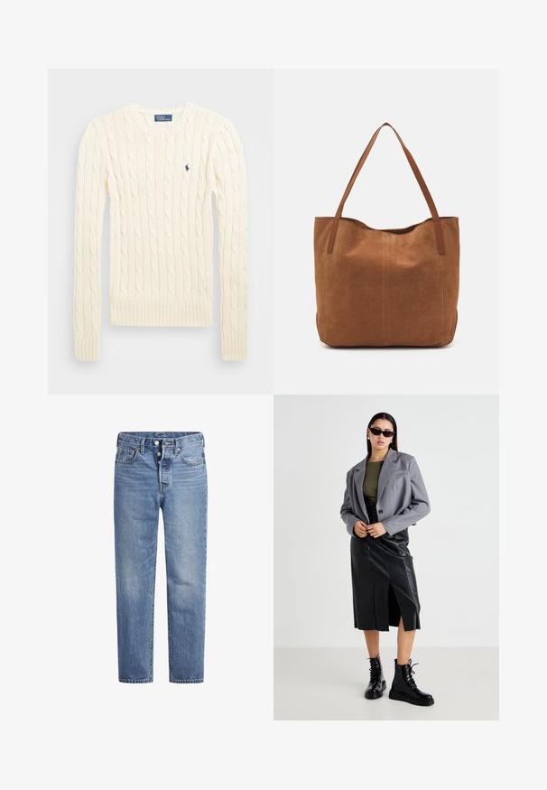 Suéter crema de punto trenzado con manga larga, puños y dobladillo acanalados, que presenta un pequeño logo bordado en el lado izquierdo del pecho.; Jeans de mezclilla azul claros con corte recto, diseño de cinco bolsillos y cierre de botón. Presentan un ligero desvanecimiento y acentos de costura en naranja.; Blazer gris con hombros estructurados, top verde oliva, falda de cuero negra con abertura y botas negras de cordones, exhibiendo una textura brillante.; Bolso tote de ante marrón con dos asas largas, que presenta una textura suave, un diseño simple y sin herrajes ni acentos visibles.