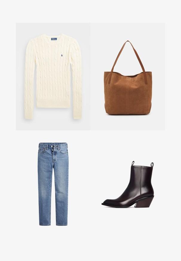 Pull en maille torsadée crème avec manches longues, poignets et ourlet côtelés, présentant un petit logo brodé sur la poitrine gauche.; Jeans en denim bleu clair avec une coupe droite, un design à cinq poches et un bouton pression. Présentent une légère décoloration et des coutures orange en accent.; Botte de cheville en cuir marron foncé avec un bout pointu, dotée d'un talon en bois texturé et de languettes de tirage de chaque côté pour un enfilage facile.; Sac fourre-tout en suede marron avec deux longues poignées, présentant une texture lisse, un design simple, et sans matériel ni accents visibles.