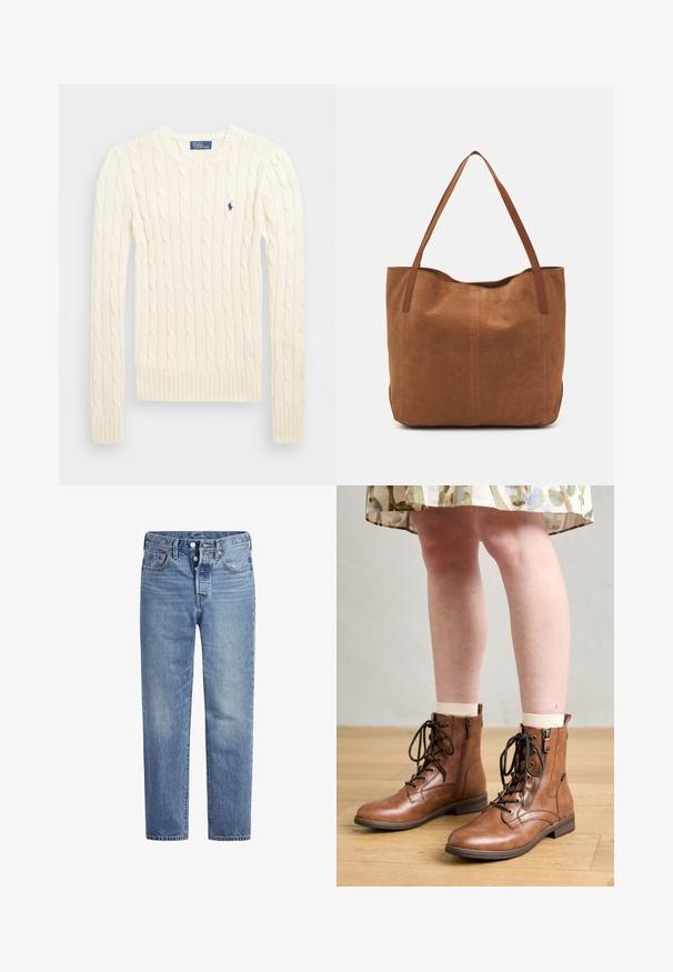 Maglione crema a costine con maniche lunghe, polsini e orlo a coste, caratterizzato da un piccolo logo ricamato sul lato sinistro del petto.; Jeans in denim blu chiaro con taglio dritto, design a cinque tasche e chiusura con bottone. Presentano una leggera sbiaditura e dettagli in cucitura arancione.; Stivaletti alla caviglia in pelle marrone con dettagli in pizzo e zip. Presentano una punta rotonda e un tacco basso, abbinati a calzini crema e una gonna floreale.; Borsa a spalla in suede marrone con due manici lunghi, caratterizzata da una texture liscia, design semplice e senza hardware o dettagli visibili.