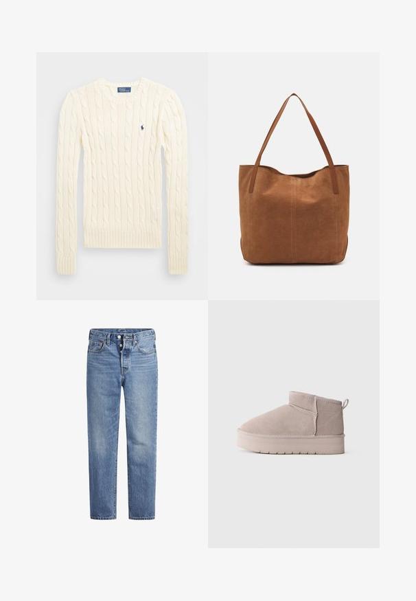 Cremefarbener kabelgehäkelter Pullover mit langen Ärmeln, gerippten Bündchen und Saum, mit einem kleinen gestickten Logo auf der linken Brust.; Helle blaue Jeans im geraden Schnitt, mit fünf Taschen und einem Knopfverschluss. Sie weisen dezente Verfärbungen und orangefarbene Nähte auf.; Beige Wildleder-Winterstiefel mit niedrigem Schaft, dicker Sohle und praktischem Ziehschlauf auf schlichtem weißen Hintergrund, im Seitenprofil dargestellt.; Braune Wildleder-Tote mit zwei langen Henkeln, die eine glatte Textur, ein einfaches Design und keine sichtbaren Beschläge oder Akzente aufweist.