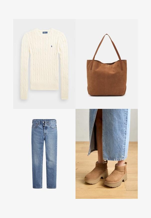 Cremefarvet kabelstrikket sweater med lange ærmer, ribbede manchetter og kant, med et lille broderet logo på venstre bryst.; Lyseblå denimjeans med lige pasform, fem-lomme-design og knaplukning. Har subtile falmede detaljer og orange søm.; Brune ruskind ankelstøvler med en tyk beige platformsål. Har en rund tå, kort manchet og en blød foring for komfort.; Brun ruskinds tote bag med to lange håndtag, der har en glat tekstur, enkelt design og ingen synlige metaldele eller accenter.