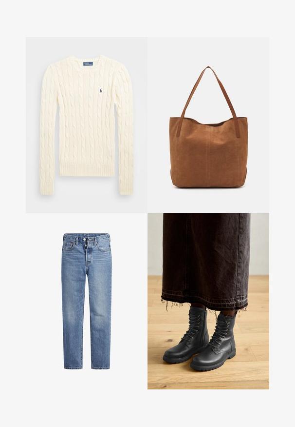 Kremfarget cable-knit genser med lange ermer, ribbede mansjetter og hem, med en liten brodert logo på venstre bryst.; Lyseblå denimjeans med rett snitt, fem-lomme design og knappeåpning. Har subtile falminger og oransje sømdetaljer.; Sorte lær snørebukser med teksturert overflate, midt til leggen høyde, rund tå og robust såle, parret med en mørk, slitt denimskjørt.; Brun semsketotebag med to lange håndtak, som har en glatt tekstur, enkelt design, og ingen synlig maskinvare eller aksenter.