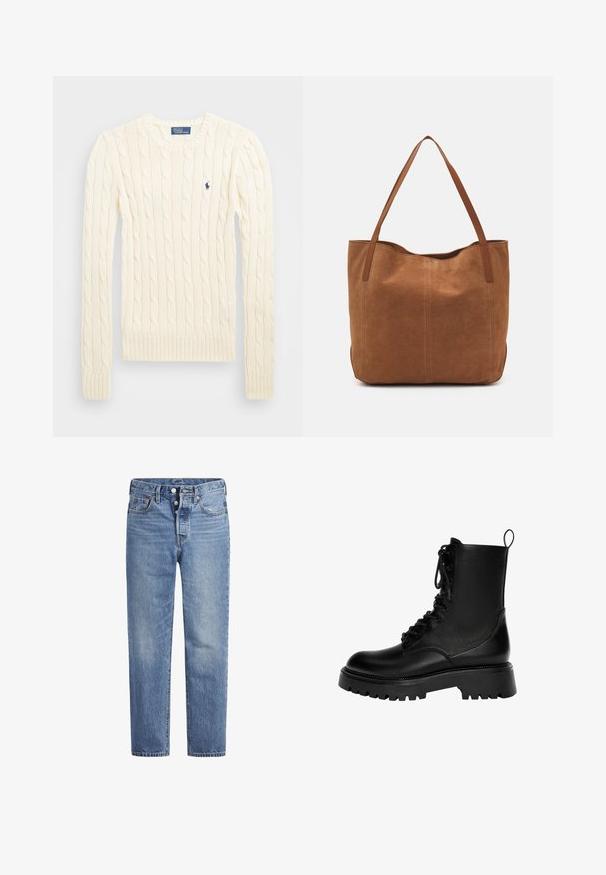 Maglione crema a costine con maniche lunghe, polsini e orlo a coste, caratterizzato da un piccolo logo ricamato sul lato sinistro del petto.; Jeans in denim blu chiaro con taglio dritto, design a cinque tasche e chiusura con bottone. Presentano una leggera sbiaditura e dettagli in cucitura arancione.; Stivale alla caviglia con lacci di colore nero, realizzato in pelle sintetica, con una suola spessa, un passante e dettagli di cucitura evidenti.; Borsa a spalla in suede marrone con due manici lunghi, caratterizzata da una texture liscia, design semplice e senza hardware o dettagli visibili.