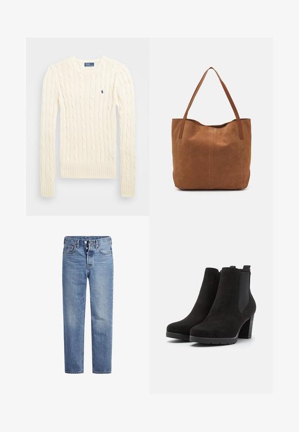 Kreemivärvi nöörkootud sviiter pikemate varrukatega, soonikvarrukate ja alläärega, millel on vasakul rinnal väike broderi logo.; Heled sinised teksad sirge lõikega, viie tasku disainiga ja nööpidega kinni. Omavad kerget pleekimist ja oranže õmblusi.; Mustad mustad külgedega ankle talvesaapad, ümar varvas ja paks kand. Struktuurne pind ja siledad aktsendid kandadel.; Pruun nubukist kott kahe pika sangaga, millel on sile tekstuur, lihtne disain ja nähtavad riistvara või aksessuaarid puuduvad.