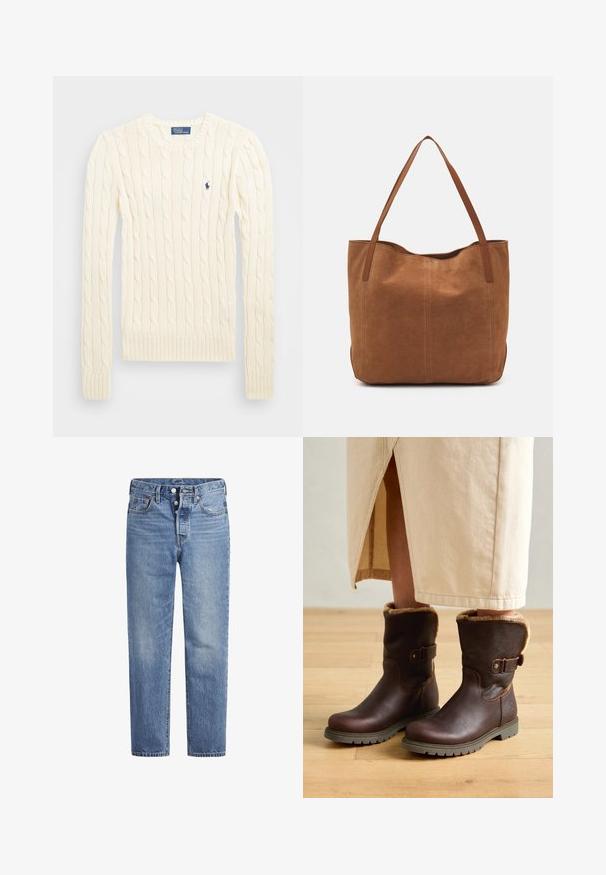 Krém színű, kabelmintás pulóver hosszú ujjal, bordás mandzsettával és aljjal, bal mellen egy kis hímzett logóval.; Világoskék farmernadrág egyenes szabással, öt zsebes dizájnnal és gombos nyereggel. Finom kopásokkal és narancssárga varrási részletekkel rendelkezik.; Barna bőr csizmák műszőrmével, lekerekített orral és csat részlettel. Textúrált felsőrész, strapabíró talppal, egy fából készült padlón elhelyezve.; Barna velúr táska két hosszú fogantyúval, sima textúrával, egyszerű dizájnnal, és látható fém részek vagy díszítés nélkül.