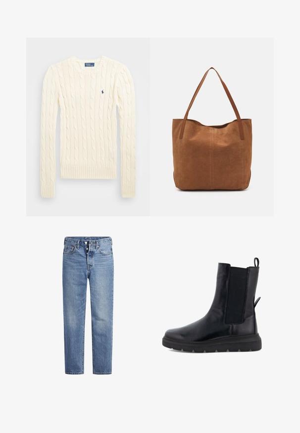 Cremefarbener kabelgehäkelter Pullover mit langen Ärmeln, gerippten Bündchen und Saum, mit einem kleinen gestickten Logo auf der linken Brust.; Helle blaue Jeans im geraden Schnitt, mit fünf Taschen und einem Knopfverschluss. Sie weisen dezente Verfärbungen und orangefarbene Nähte auf.; Schwarze Knöchelstiefel aus glattem Leder mit elastischen Seitenpaneelen, einer Zugschlaufe an der Rückseite und einer dicken Gummisohle.; Braune Wildleder-Tote mit zwei langen Henkeln, die eine glatte Textur, ein einfaches Design und keine sichtbaren Beschläge oder Akzente aufweist.