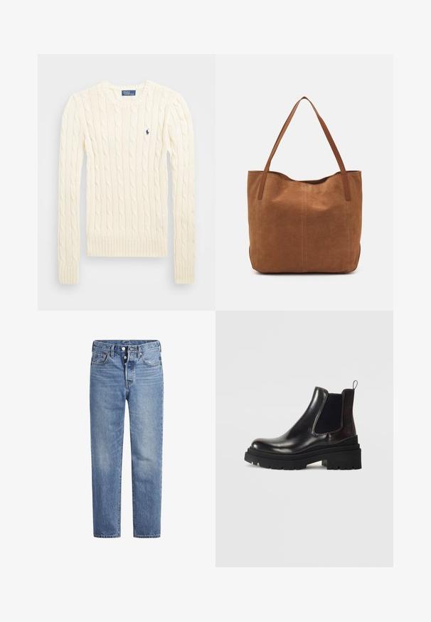 Kreemi kaabliga kudumiga sviiter pikkade varrukatega, ribakardinate ja hemiga, millel on vasakul rinnal väike tikkitud logo.; Vaaleansiniset farkut suoran leikkauksen, viiden pussin designin ja nappisuljenta. Ominaisuuksiin kuuluu hienoinen haalistuminen ja oranssit ompeleet.; Tamaris Klassiset nilkkurit - merlot; Ruskean mokkanahkainen olkalaukku, jossa on kaksi pitkää kantohihnaa. Laukussa on sileä pinta, yksinkertainen muotoilu ja ei näkyviä materiaaleja tai koristeita.