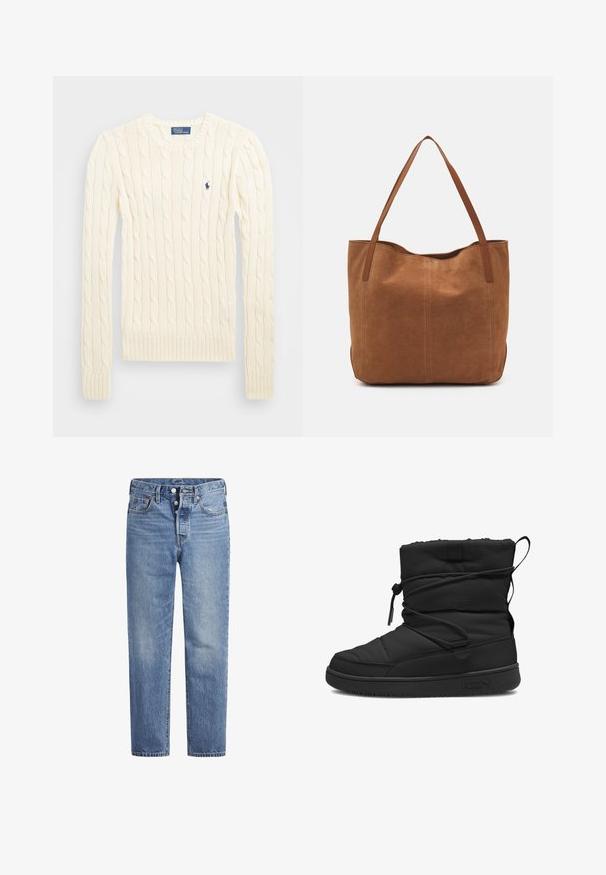 Pull en maille torsadée crème avec manches longues, poignets et ourlet côtelés, présentant un petit logo brodé sur la poitrine gauche.; Jeans en denim bleu clair avec une coupe droite, un design à cinq poches et un bouton pression. Présentent une légère décoloration et des coutures orange en accent.; Botte isolée noire avec une texture matelassée, fermeture avec cordon élastique, dessus rembourré et semelle en caoutchouc arborant un logo minimaliste.; Sac fourre-tout en suede marron avec deux longues poignées, présentant une texture lisse, un design simple, et sans matériel ni accents visibles.