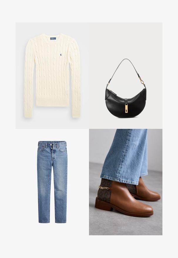 Krém színű, kabelmintás pulóver hosszú ujjal, bordás mandzsettával és aljjal, bal mellen egy kis hímzett logóval.; Világoskék farmernadrág egyenes szabással, öt zsebes dizájnnal és gombos nyereggel. Finom kopásokkal és narancssárga varrási részletekkel rendelkezik.; Barna bőr bokacsizmák sima felülettel, mintás sötétbarna oldalsó panelek és arany lánc díszítéssel a sarokon.; Fekete bőr kézitáska félhold alakú formában. Aranyszínű fémrészekkel és keskeny pánttal rendelkezik. Simább felület, cipzáras záródás a tetején.