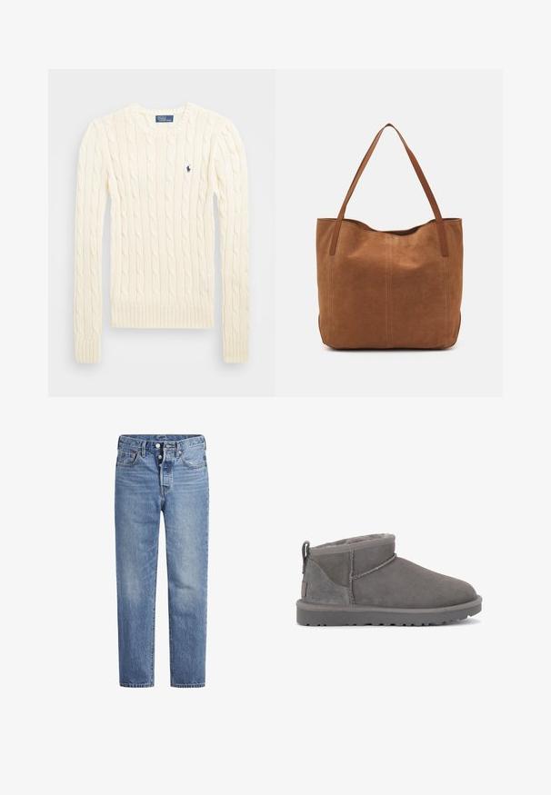 Kreemivärvi nöörkootud sviiter pikemate varrukatega, soonikvarrukate ja alläärega, millel on vasakul rinnal väike broderi logo.; Heled sinised teksad sirge lõikega, viie tasku disainiga ja nööpidega kinni. Omavad kerget pleekimist ja oranže õmblusi.; Hallid hallid nahast pükstega säärekingad, millel on pehme sisemine vooder, minimaalne õmblemine ja vormitud kummitald. Tagaküljel on tõmmeregulaator.; Pruun nubukist kott kahe pika sangaga, millel on sile tekstuur, lihtne disain ja nähtavad riistvara või aksessuaarid puuduvad.