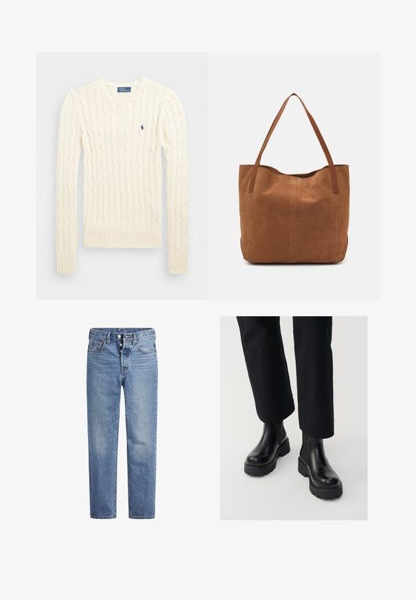 Krém színű, kabelmintás pulóver hosszú ujjal, bordás mandzsettával és aljjal, bal mellen egy kis hímzett logóval.; Világoskék farmernadrág egyenes szabással, öt zsebes dizájnnal és gombos nyereggel. Finom kopásokkal és narancssárga varrási részletekkel rendelkezik.; Fekete bőr bokacsizmák vastag talppal, elasztikus oldalsó betétekkel és sima felülettel, lazán fekete nadrággal párosítva.; Barna velúr táska két hosszú fogantyúval, sima textúrával, egyszerű dizájnnal, és látható fém részek vagy díszítés nélkül.
