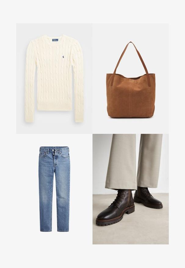 Kremowy sweter w splot kabelkowy z długimi rękawami, ściągaczami przy mankietach i u dołu, z małym haftowanym logo na lewej piersi.; Jasnoniebieskie jeansy denimowe o prostym kroju, z pięcioma kieszeniami i zapięciem na guziki. Charakteryzują się delikatnym wyblaknięciem oraz pomarańczowymi przeszyciami.; Ciemnobrązowe skórzane buty z teksturowanym wykończeniem, z sznurowanym zapięciem, okrągłym noskiem i wytrzymałymi gumowymi podeszwami. Uzupełnione kontrastowym przeszyciem.; Brązowa zamszowa torba tote z dwoma długimi uchwytami, charakteryzująca się gładką teksturą, prostym wzornictwem oraz brakiem widocznych elementów metalowych czy akcentów.