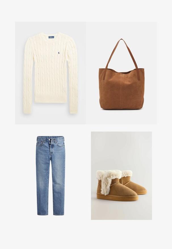 Kreemivärvi nöörkootud sviiter pikemate varrukatega, soonikvarrukate ja alläärega, millel on vasakul rinnal väike broderi logo.; Heled sinised teksad sirge lõikega, viie tasku disainiga ja nööpidega kinni. Omavad kerget pleekimist ja oranže õmblusi.; Pruunist nubukist pahkluu saapad, millel on koheline valge kunstkarv, ümar nina ja lame kummitald. Nii külgedel kui ka ülevalt on õmblusteenused.; Pruun nubukist kott kahe pika sangaga, millel on sile tekstuur, lihtne disain ja nähtavad riistvara või aksessuaarid puuduvad.