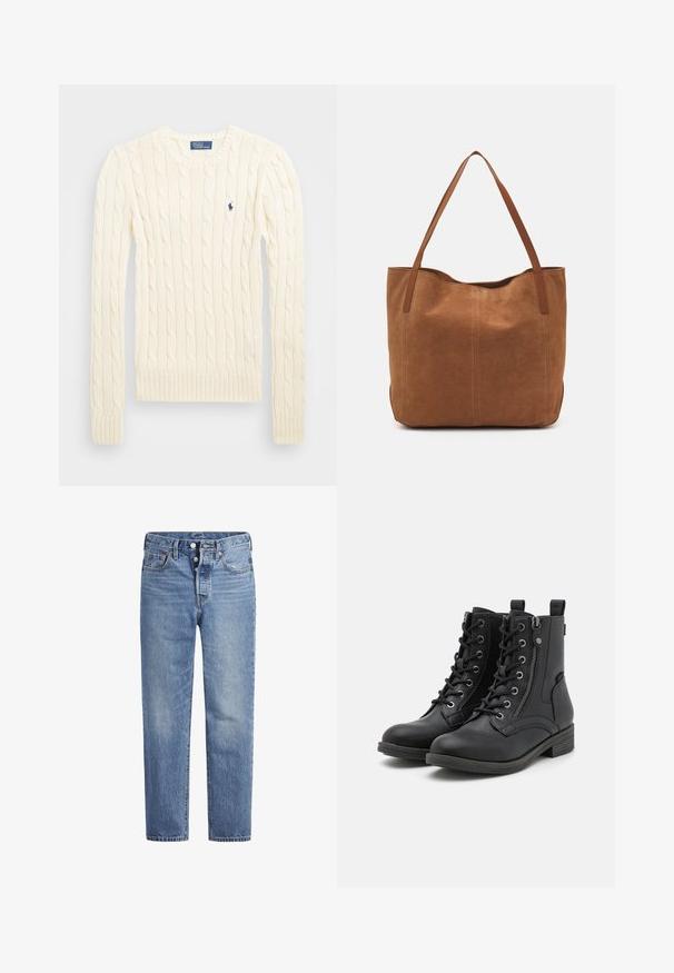 Pulover crem tricotat cu cablu, cu mâneci lungi, manșete și tiv ribdate, având un mic logo brodat pe pieptul stâng.; Jeans din denim de un albastru deschis, cu croi drept, design cu cinci buzunare și închidere cu buton. Prezintă decolorări subtile și cusături accentuate de culoare portocalie.; Cizme negre până la gleznă, confecționate dintr-un material asemănător cu pielea, având șireturi, un fermoar lateral și detalii texturate pe partea superioară și pe talpă. Toc mic, pe bloc.; Geantă tote din suede maro, cu două mânere lungi, caracterizată printr-o textură netedă, un design simplu și fără accesorii sau elemente metalice vizibile.