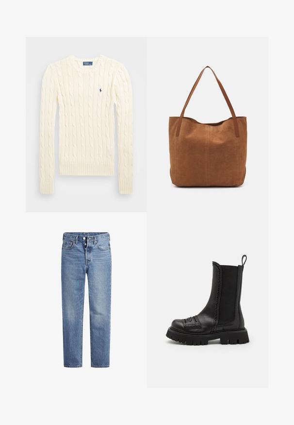 Pulover crem tricotat cu cablu, cu mâneci lungi, manșete și tiv ribdate, având un mic logo brodat pe pieptul stâng.; Jeans din denim de un albastru deschis, cu croi drept, design cu cinci buzunare și închidere cu buton. Prezintă decolorări subtile și cusături accentuate de culoare portocalie.; Cizme negre din piele, până la glezna, cu accente texturate, cusături decorative și o talpă robustă, cu știfturi. Caracteristică: tab pentru o îmbrăcare ușoară.; Geantă tote din suede maro, cu două mânere lungi, caracterizată printr-o textură netedă, un design simplu și fără accesorii sau elemente metalice vizibile.