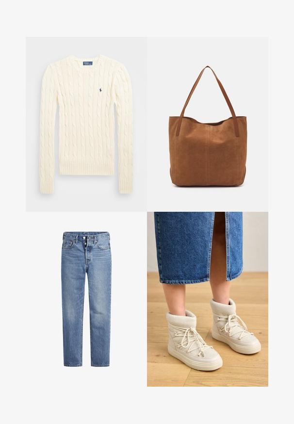 Crème kabelbreiselsweater met lange mouwen, geribbelde manchetten en zoom, met een klein geborduurd logo op de linkerkant van de borst.; Lichtblauwe spijkerbroek met een rechte snit, vijf zakken en een knoopsluiting. Heeft subtiele vervaging en oranje stikselaccenten.; Beige enkellaarzen met een zachte, gebreide rand en witte veters. De zool is dik en textuur, gecombineerd met een blauwe denimrok.; Bruine suède shoppers met twee lange handvatten, met een gladde textuur, eenvoudig ontwerp en zonder zichtbare hardware of accenten.