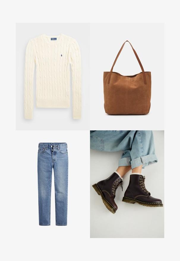 Pull en maille torsadée crème avec manches longues, poignets et ourlet côtelés, présentant un petit logo brodé sur la poitrine gauche.; Jeans en denim bleu clair avec une coupe droite, un design à cinq poches et un bouton pression. Présentent une légère décoloration et des coutures orange en accent.; Bottes de cheville en cuir marron avec un design à lacets, doublure en fourrure, couture jaune et semelles en caoutchouc épaisses. Portées avec un jean bleu clair retroussé.; Sac fourre-tout en suede marron avec deux longues poignées, présentant une texture lisse, un design simple, et sans matériel ni accents visibles.