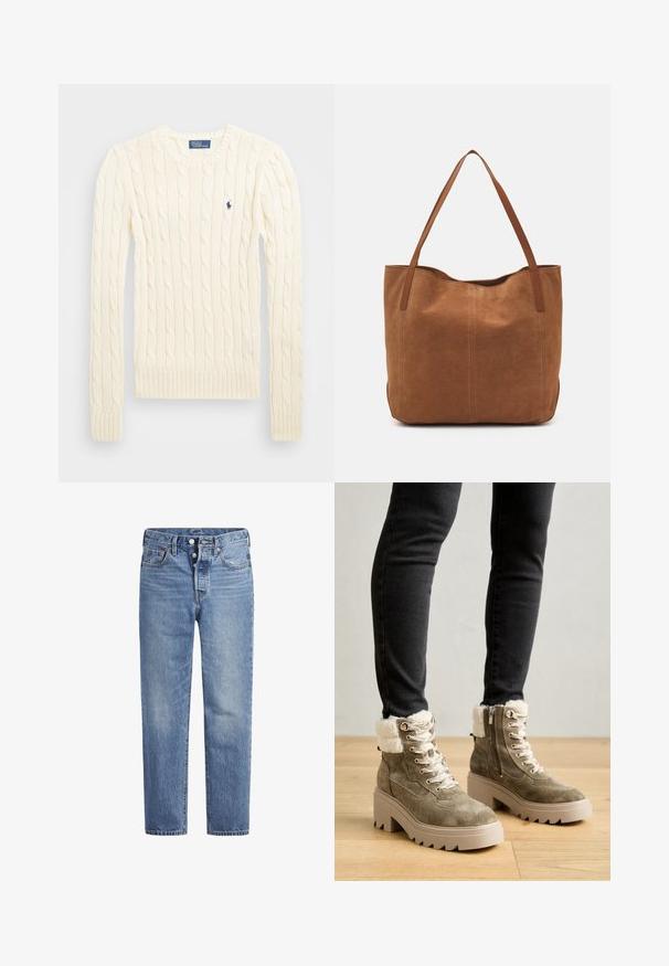 Krem pulover s pletenim kabelskim uzorkom, dugih rukava, s rebrastim manžetama i rubom, s malim izvezenim logotipom na lijevoj strani prsiju.; Svijetloplave traperice ravnog kroja, s pet džepova i dugmetom za zatvaranje. Imaju suptilno izbljeđivanje i akcentirane narančaste šavove.; Anatomske čizme od suedea u maslinasto zelenoj boji sa umetkom od umjetnog krzna, srebrnim metalnim detaljima i debelim bež platformama. Imaju vezice i bočni patentni zatvarač.; Smeđi nubuk torba s dugim ručkama, s glatkom teksturom, jednostavnim dizajnom i bez vidljivih metalnih dijelova ili akcenata.