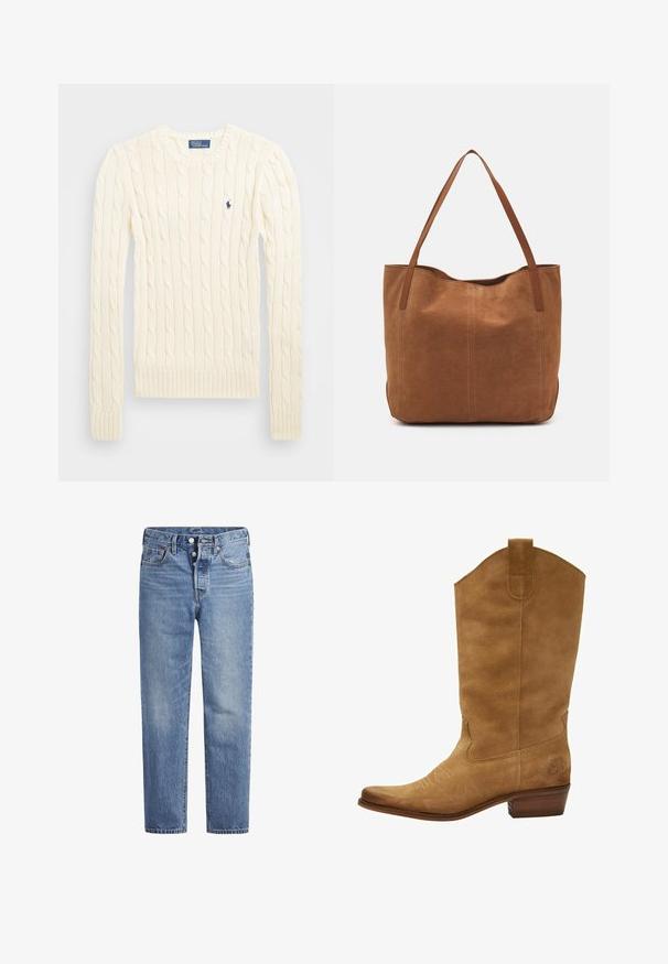Krémový svetr s pleteným vzorem, dlouhými rukávy, žebrovanými manžetami a lemem, se malým vyšívaným logem na levé hrudi.; Světle modré džíny s rovný střih, designem s pěti kapsami a knoflíkovým zapínáním. Mají jemné vyblednutí a oranžové prošití.; Hnědé semišové kovbojské boty s vysokým sálem, špičatou špičkou a jemným bílým šitím. Obsahují vzorovaný akcent u paty a vrstvený dřevěný podpatek.; Hnědá semišová taška s dvěma dlouhými uchy, se hladkým povrchem, jednoduchým designem a bez viditelného kování nebo dekorací.