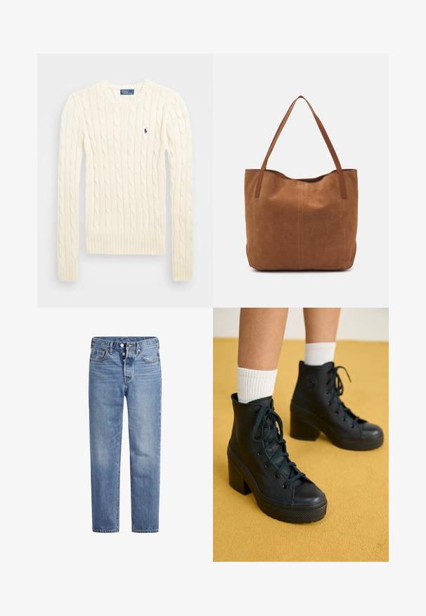Krem pulover s pletenim kabelskim uzorkom, dugih rukava, s rebrastim manžetama i rubom, s malim izvezenim logotipom na lijevoj strani prsiju.; Svijetloplave traperice ravnog kroja, s pet džepova i dugmetom za zatvaranje. Imaju suptilno izbljeđivanje i akcentirane narančaste šavove.; Crni visoki tenisice s teksturiranim završetkom, vezanjem, gumenim vrhom i debelim potplatima, uparene s bijelim rebrastim čarapama do gležnja.; Smeđi nubuk torba s dugim ručkama, s glatkom teksturom, jednostavnim dizajnom i bez vidljivih metalnih dijelova ili akcenata.
