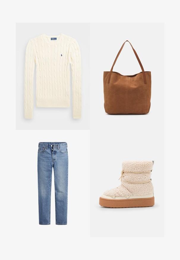 Crème kabelbreiselsweater met lange mouwen, geribbelde manchetten en zoom, met een klein geborduurd logo op de linkerkant van de borst.; Lichtblauwe spijkerbroek met een rechte snit, vijf zakken en een knoopsluiting. Heeft subtiele vervaging en oranje stikselaccenten.; Chunky crème schapenvacht enkelboot met een textuurafwerking, elastische details en een dikke bruine platformzool. Voorzien van zilverkleurige hardware accenten.; Bruine suède shoppers met twee lange handvatten, met een gladde textuur, eenvoudig ontwerp en zonder zichtbare hardware of accenten.