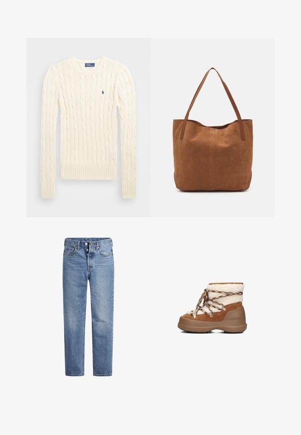 Pull en maille torsadée crème avec manches longues, poignets et ourlet côtelés, présentant un petit logo brodé sur la poitrine gauche.; Jeans en denim bleu clair avec une coupe droite, un design à cinq poches et un bouton pression. Présentent une légère décoloration et des coutures orange en accent.; Botte en daim brun avec un revers en fourrure synthétique blanche, semelle en caoutchouc bicolore et lacets à motifs. Équipée d'œillets en métal pour un maintien sécurisé.; Sac fourre-tout en suede marron avec deux longues poignées, présentant une texture lisse, un design simple, et sans matériel ni accents visibles.
