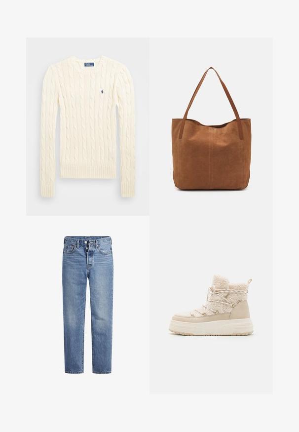 Kremfarget cable-knit genser med lange ermer, ribbede mansjetter og hem, med en liten brodert logo på venstre bryst.; Lyseblå denimjeans med rett snitt, fem-lomme design og knappeåpning. Har subtile falminger og oransje sømdetaljer.; Beige vinterstøvler med en myk tekstur, snøring, gullfarget detaljer og en tykk såle for ekstra høyde og isolasjon.; Brun semsketotebag med to lange håndtak, som har en glatt tekstur, enkelt design, og ingen synlig maskinvare eller aksenter.