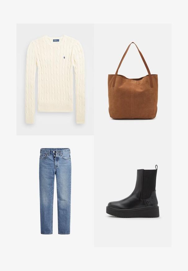 Pulover crem tricotat cu cablu, cu mâneci lungi, manșete și tiv ribdate, având un mic logo brodat pe pieptul stâng.; Jeans din denim de un albastru deschis, cu croi drept, design cu cinci buzunare și închidere cu buton. Prezintă decolorări subtile și cusături accentuate de culoare portocalie.; Botine negre din piele cu panouri elastice laterale, accente cu un model texturat de crocodil, talpă chunky și tab pentru tragere.; Geantă tote din suede maro, cu două mânere lungi, caracterizată printr-o textură netedă, un design simplu și fără accesorii sau elemente metalice vizibile.