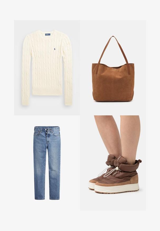Suéter crema de punto trenzado con manga larga, puños y dobladillo acanalados, que presenta un pequeño logo bordado en el lado izquierdo del pecho.; Jeans de mezclilla azul claros con corte recto, diseño de cinco bolsillos y cierre de botón. Presentan un ligero desvanecimiento y acentos de costura en naranja.; Botas de tobillo acolchadas marrones con una parte inferior de ante texturizado, cordón elástico y suelas de goma blanca, que presentan un alto collar acolchado.; Bolso tote de ante marrón con dos asas largas, que presenta una textura suave, un diseño simple y sin herrajes ni acentos visibles.