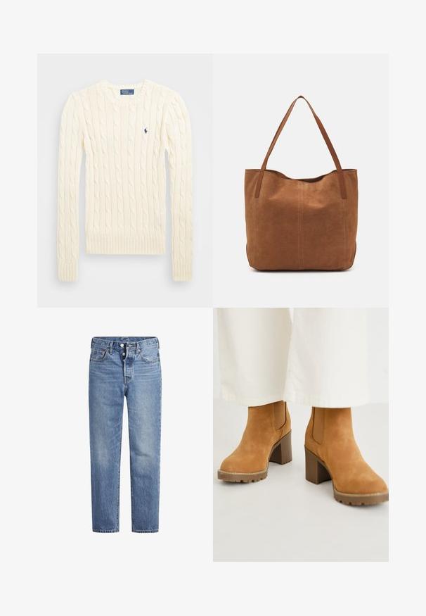 Crème kabelbreiselsweater met lange mouwen, geribbelde manchetten en zoom, met een klein geborduurd logo op de linkerkant van de borst.; Lichtblauwe spijkerbroek met een rechte snit, vijf zakken en een knoopsluiting. Heeft subtiele vervaging en oranje stikselaccenten.; Tan kleurige suède enkellaarsjes met een chunky blokhak, voorzien van elastische zijpanelen en een robuuste zool voor grip. Gestructureerde bovenkant met stikseldetails.; Bruine suède shoppers met twee lange handvatten, met een gladde textuur, eenvoudig ontwerp en zonder zichtbare hardware of accenten.