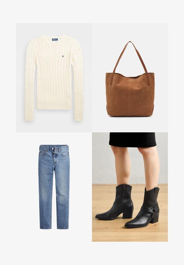 Suéter crema de punto trenzado con manga larga, puños y dobladillo acanalados, que presenta un pequeño logo bordado en el lado izquierdo del pecho.; Jeans de mezclilla azul claros con corte recto, diseño de cinco bolsillos y cierre de botón. Presentan un ligero desvanecimiento y acentos de costura en naranja.; Botines de cuero negro con punta afilada, cierre de cremallera, tacón curvado y una correa decorativa con detalles metálicos.; Bolso tote de ante marrón con dos asas largas, que presenta una textura suave, un diseño simple y sin herrajes ni acentos visibles.