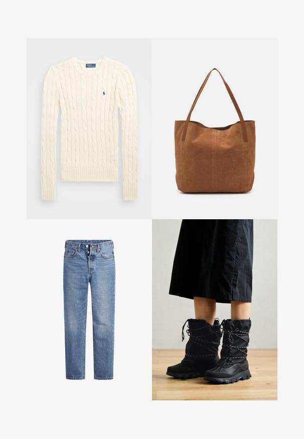 Suéter crema de punto trenzado con manga larga, puños y dobladillo acanalados, que presenta un pequeño logo bordado en el lado izquierdo del pecho.; Jeans de mezclilla azul claros con corte recto, diseño de cinco bolsillos y cierre de botón. Presentan un ligero desvanecimiento y acentos de costura en naranja.; Botas de invierno negras con un acabado texturizado, silueta alta y parte superior recogida. Presentan cordones verdes en contraste y suelas resistentes.; Bolso tote de ante marrón con dos asas largas, que presenta una textura suave, un diseño simple y sin herrajes ni acentos visibles.