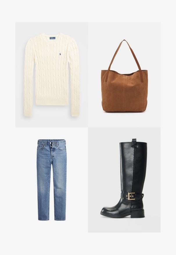 Kremfarget cable-knit genser med lange ermer, ribbede mansjetter og hem, med en liten brodert logo på venstre bryst.; Lyseblå denimjeans med rett snitt, fem-lomme design og knappeåpning. Har subtile falminger og oransje sømdetaljer.; Sorte knelange læderstøvler med en lav blokhæl, dekorativ guldfarvet spænde om anklen og en løkke øverst.; Brun semsketotebag med to lange håndtak, som har en glatt tekstur, enkelt design, og ingen synlig maskinvare eller aksenter.