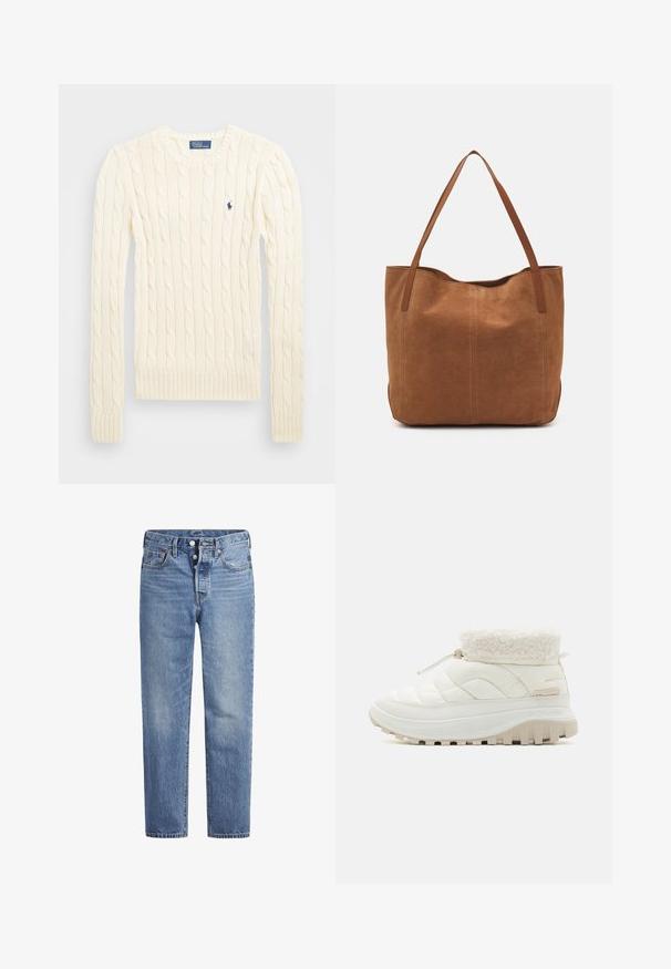 Kremowy sweter w splot kabelkowy z długimi rękawami, ściągaczami przy mankietach i u dołu, z małym haftowanym logo na lewej piersi.; Jasnoniebieskie jeansy denimowe o prostym kroju, z pięcioma kieszeniami i zapięciem na guziki. Charakteryzują się delikatnym wyblaknięciem oraz pomarańczowymi przeszyciami.; Biała, pikowana botka do połowy łydki z kołnierzem z sztucznego futra, elastycznym zapięciem na sznurowadła i grubą gumową podeszwą z głębokim bieżnikiem zapewniającym przyczepność.; Brązowa zamszowa torba tote z dwoma długimi uchwytami, charakteryzująca się gładką teksturą, prostym wzornictwem oraz brakiem widocznych elementów metalowych czy akcentów.