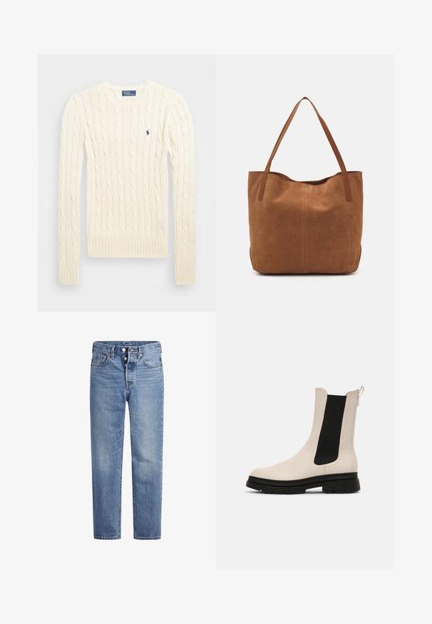 Krämfärgad kabelstickad tröja med långa ärmar, ribbade cuffs och nederkant, med en liten broderad logotyp på vänster bröst.; Ljusblå denimjeans med rak skärning, femfickorsdesign och knäppning med knapp. Har subtila blekningar och orangea sömnadsdetaljer.; Tamaris Stövel - ivory/black; Brun mockaskinn tote bag med två långa handtag, med en slät yta, enkelt design och utan synlig hårdvara eller detaljer.