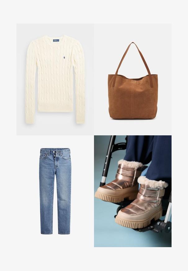 Kreemi kaabliga kudumiga sviiter pikkade varrukatega, ribakardinate ja hemiga, millel on vasakul rinnal väike tikkitud logo.; Vaaleansiniset farkut suoran leikkauksen, viiden pussin designin ja nappisuljenta. Ominaisuuksiin kuuluu hienoinen haalistuminen ja oranssit ompeleet.; Henkilö, jolla on metalliset talvijalkineet, joissa on karvavuori, lepää jalkansa pyörätuolin jalkatuilla vaaleansinistä taustaa vasten.; Ruskean mokkanahkainen olkalaukku, jossa on kaksi pitkää kantohihnaa. Laukussa on sileä pinta, yksinkertainen muotoilu ja ei näkyviä materiaaleja tai koristeita.