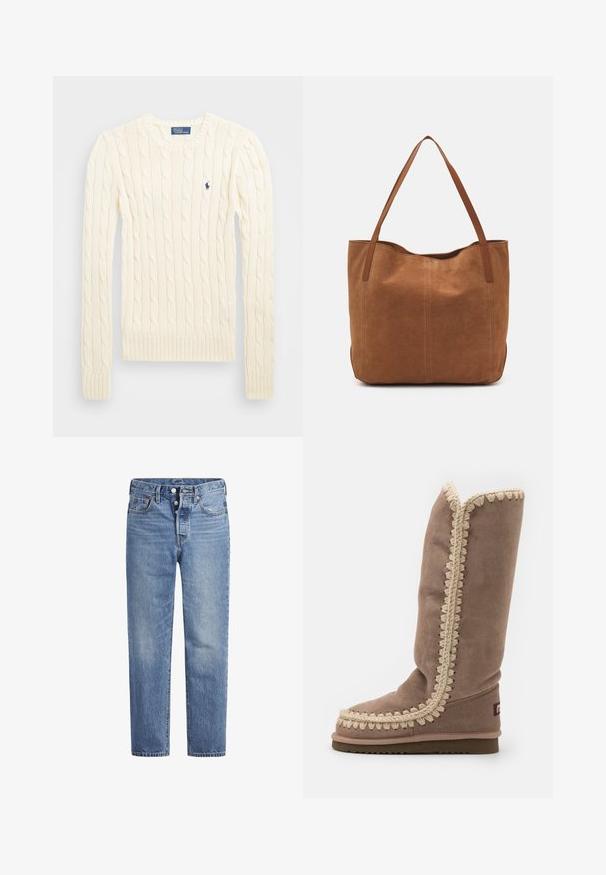 Suéter crema de punto trenzado con manga larga, puños y dobladillo acanalados, que presenta un pequeño logo bordado en el lado izquierdo del pecho.; Jeans de mezclilla azul claros con corte recto, diseño de cinco bolsillos y cierre de botón. Presentan un ligero desvanecimiento y acentos de costura en naranja.; Bota alta de ante marrón con intrincadas costuras beiges a lo largo del borde, punta redondeada y suela plana. Diseño simple y aerodinámico.; Bolso tote de ante marrón con dos asas largas, que presenta una textura suave, un diseño simple y sin herrajes ni acentos visibles.