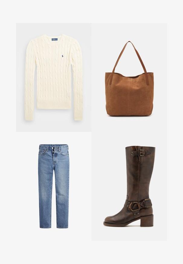 Pull en maille torsadée crème avec manches longues, poignets et ourlet côtelés, présentant un petit logo brodé sur la poitrine gauche.; Jeans en denim bleu clair avec une coupe droite, un design à cinq poches et un bouton pression. Présentent une légère décoloration et des coutures orange en accent.; Botte en cuir marron, haute jusqu'au genou, avec un bout arrondi, un talon épais et un détail de sangle à boucle sur le côté. Texture lisse avec une finition usée.; Sac fourre-tout en suede marron avec deux longues poignées, présentant une texture lisse, un design simple, et sans matériel ni accents visibles.