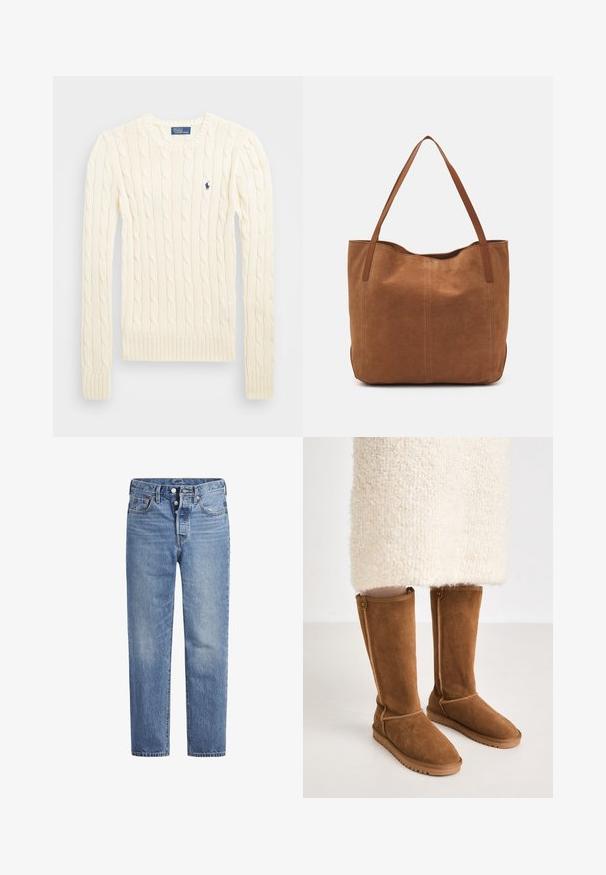 Kreminė megzta palaidinė su ilgomis rankovėmis, gumbuotais rankogaliais ir apačia, su nedideliu išsiuvinėtų logotipu kairiajame krūtinės kampe.; Šviesiai mėlynos džinsinės kelnės su tiesiu kirpimu, penkių kišenių dizainu ir mygtukų užsegimu. Pasižymi subtiliu nusidėvėjimu ir oranžiniais siūlais.; Knee-high rudos z suede, su lygia tekstūra, su šoninėmis siūlėmis ir guminiu padu, užtikrinančiu sukibimą.; Ruda zomšos pasukta rankinė su dviem ilgomis rankenomis, pasižyminti lygiu paviršiumi, paprastu dizainu ir be matomų detalių ar akcentų.