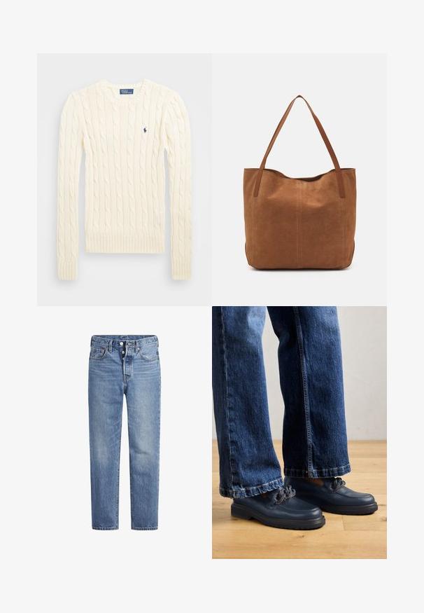 Krämfärgad kabelstickad tröja med långa ärmar, ribbade cuffs och nederkant, med en liten broderad logotyp på vänster bröst.; Ljusblå denimjeans med rak skärning, femfickorsdesign och knäppning med knapp. Har subtila blekningar och orangea sömnadsdetaljer.; Mörkblå läderskor med en kraftig sula och kedjedetaljer på ovandelen, i kombination med löst sittande mörkblå denimjeans.; Brun mockaskinn tote bag med två långa handtag, med en slät yta, enkelt design och utan synlig hårdvara eller detaljer.