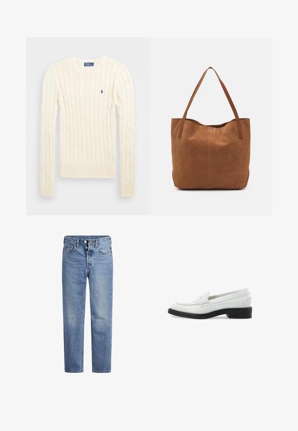 Crème kabelbreiselsweater met lange mouwen, geribbelde manchetten en zoom, met een klein geborduurd logo op de linkerkant van de borst.; Lichtblauwe spijkerbroek met een rechte snit, vijf zakken en een knoopsluiting. Heeft subtiele vervaging en oranje stikselaccenten.; Witte leren loafers met een platte zwarte zool, voorzien van decoratieve stiksels en een ronde neus. Eenvoudig ontwerp, geschikt voor zowel casual als formele gelegenheden.; Bruine suède shoppers met twee lange handvatten, met een gladde textuur, eenvoudig ontwerp en zonder zichtbare hardware of accenten.