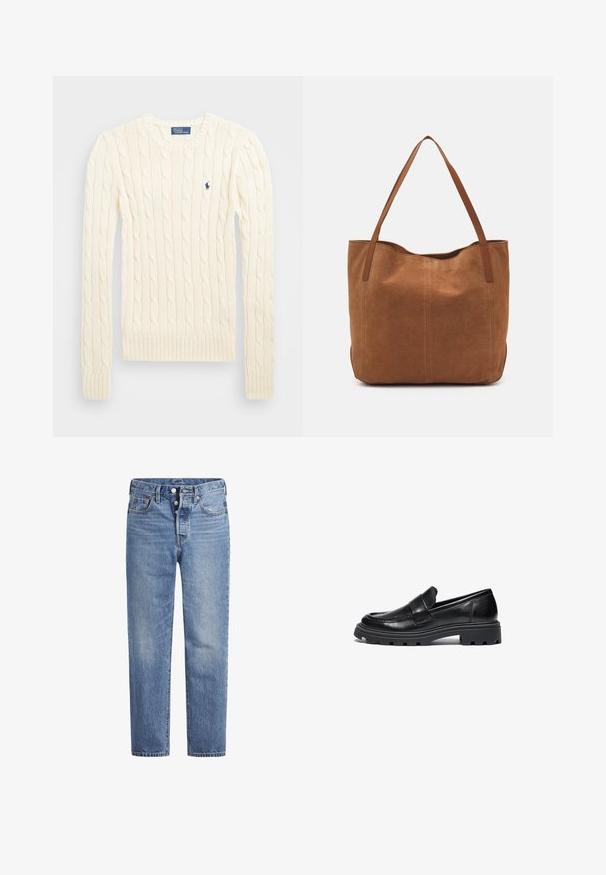 Krém színű, kabelmintás pulóver hosszú ujjal, bordás mandzsettával és aljjal, bal mellen egy kis hímzett logóval.; Világoskék farmernadrág egyenes szabással, öt zsebes dizájnnal és gombos nyereggel. Finom kopásokkal és narancssárga varrási részletekkel rendelkezik.; Fekete bőr loaferek lekerekített orral, varrott részletekkel és tömör gumi talppal, amelyen textúrált tapadásmintázat található.; Barna velúr táska két hosszú fogantyúval, sima textúrával, egyszerű dizájnnal, és látható fém részek vagy díszítés nélkül.