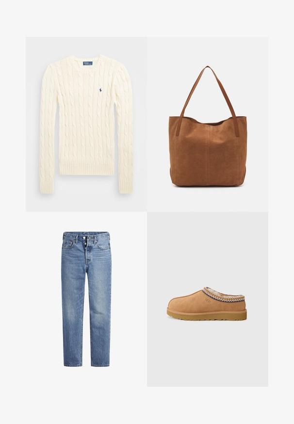 Maglione crema a costine con maniche lunghe, polsini e orlo a coste, caratterizzato da un piccolo logo ricamato sul lato sinistro del petto.; Jeans in denim blu chiaro con taglio dritto, design a cinque tasche e chiusura con bottone. Presentano una leggera sbiaditura e dettagli in cucitura arancione.; Scarpa slip-on in suede beige con una fodera in lana testurizzata e cuciture decorative in stile etnico attorno al colletto. Presenta una suola in gomma.; Borsa a spalla in suede marrone con due manici lunghi, caratterizzata da una texture liscia, design semplice e senza hardware o dettagli visibili.