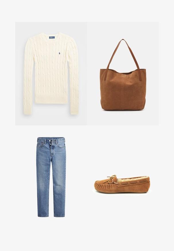 Cremefarbener kabelgehäkelter Pullover mit langen Ärmeln, gerippten Bündchen und Saum, mit einem kleinen gestickten Logo auf der linken Brust.; Helle blaue Jeans im geraden Schnitt, mit fünf Taschen und einem Knopfverschluss. Sie weisen dezente Verfärbungen und orangefarbene Nähte auf.; Braune Wildleder-Mokassins mit einem Fellfutter, einer Schleifenakzent auf der Zehe und dekorativer Stickerei entlang des Schafts. Flache Gummisohle.; Braune Wildleder-Tote mit zwei langen Henkeln, die eine glatte Textur, ein einfaches Design und keine sichtbaren Beschläge oder Akzente aufweist.