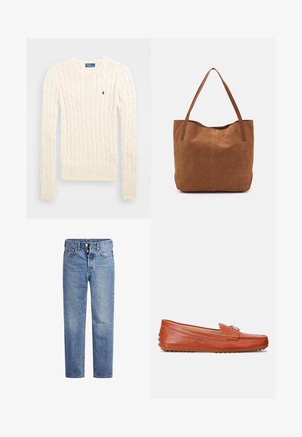 Krems krāsas adīts džempers ar garām piedurknēm, ribotām aprocēm un apakšmalu, ar nelielu izšūtu logotipu kreisajā krūtī.; Gaiši zila džinsu bikses ar taisnu griezumu, piecu kabatu dizainu un poga aizdari. Iespējamas nelielas izbalēšanas un apelsīnu diegu akcenti.; Lauren Ralph Lauren BARNSBURY PEBBLED LEATHER DRIVER - Mokasīni - rust orange; Brūns zamša tote somas ar divām garām rokturiem, ar gludu tekstūru, vienkāršu dizainu un bez redzamām aparatūrām vai akcentiem.