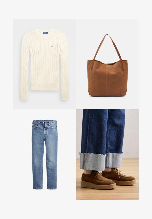 Pull en maille torsadée crème avec manches longues, poignets et ourlet côtelés, présentant un petit logo brodé sur la poitrine gauche.; Jeans en denim bleu clair avec une coupe droite, un design à cinq poches et un bouton pression. Présentent une légère décoloration et des coutures orange en accent.; Geox ELIDEA - Derbies - dark camel; Sac fourre-tout en suede marron avec deux longues poignées, présentant une texture lisse, un design simple, et sans matériel ni accents visibles.