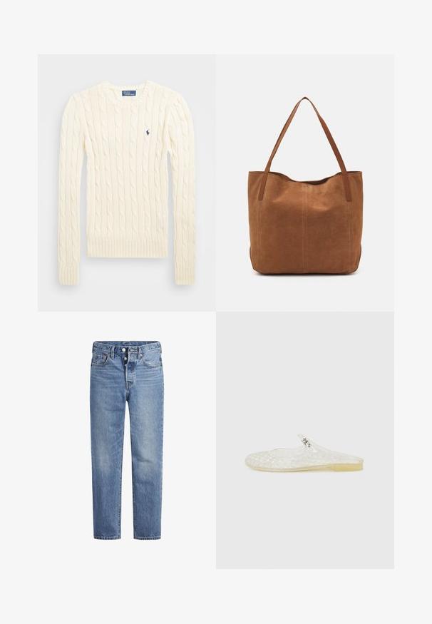 Kremfarget cable-knit genser med lange ermer, ribbede mansjetter og hem, med en liten brodert logo på venstre bryst.; Lyseblå denimjeans med rett snitt, fem-lomme design og knappeåpning. Har subtile falminger og oransje sømdetaljer.; Klart plastisk slip-on sko med et rutenettmønster, rund tå og en liten sølvfarge detalj på remmen. Fleksibel såle i gjennomsiktig farge.; Brun semsketotebag med to lange håndtak, som har en glatt tekstur, enkelt design, og ingen synlig maskinvare eller aksenter.