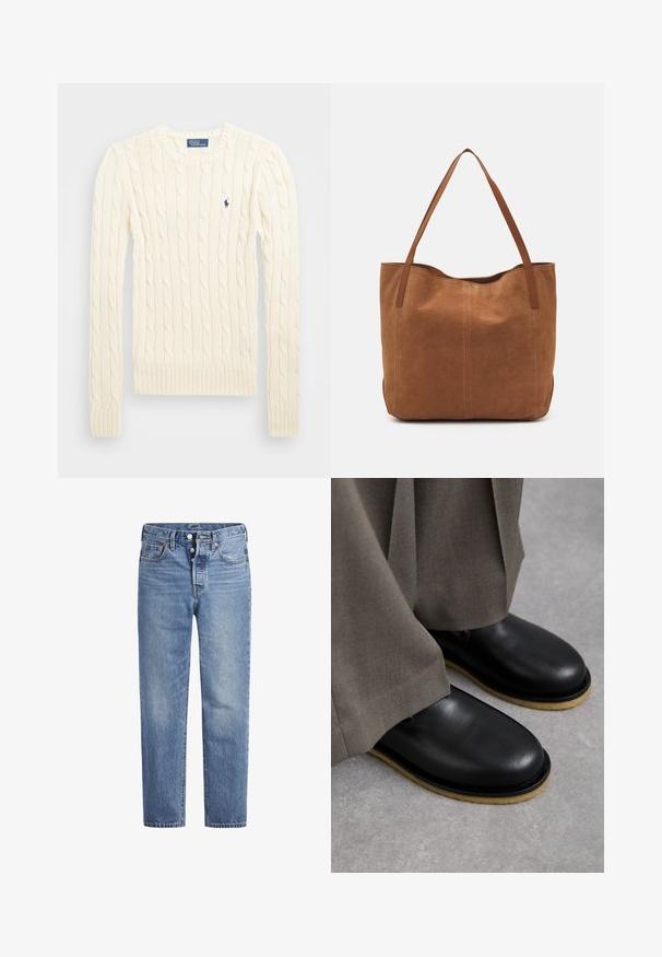 Κρεμ πουλόβερ με πλέξη καλωδίου, μακριά μανίκια, ριμπ μανσέτες και στρίφωμα, που διαθέτει ένα μικρό κεντημένο λογότυπο στην αριστερή πλευρά του στήθους.; Ανοιχτό μπλε τζιν παντελόνι με ίσια γραμμή, σχεδίαση πέντε τσεπών και κουμπί στο φερμουάρ. Διαθέτει διακριτική φθορά και πορτοκαλί ραφές.; Μαύρα δερμάτινα παπούτσια με στρογγυλή μύτη, επίπεδη σόλα και διακριτική ανοιχτό καφέ σόλα, συνδυασμένα με φαρδιά γκρι παντελόνια.; Καφέ σουέντ τσάντα ώμου με δύο μακριές λαβές, με λεία υφή, απλό σχέδιο και χωρίς ορατά αξεσουάρ ή λεπτομέρειες.